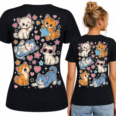 Koszulka damska kotki kawaii w serduszkach i gwiazdkach - duży nadruk na plecach