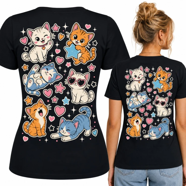 Koszulka damska kotki kawaii w serduszkach i gwiazdkach - duży nadruk na plecach