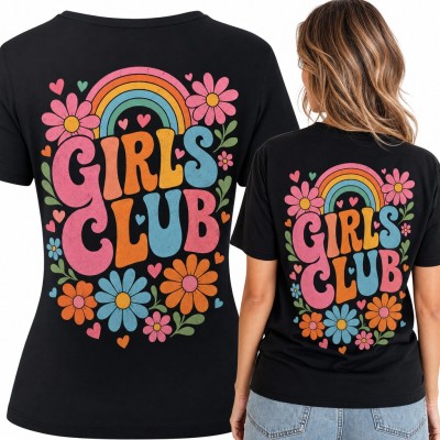 Koszulka damska „Girls club” z tęczą i retro kwiatami - duży nadruk na plecach