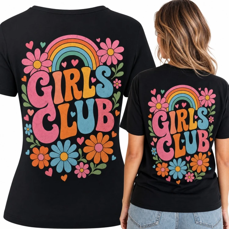 Koszulka damska „Girls club” z tęczą i retro kwiatami - duży nadruk na plecach