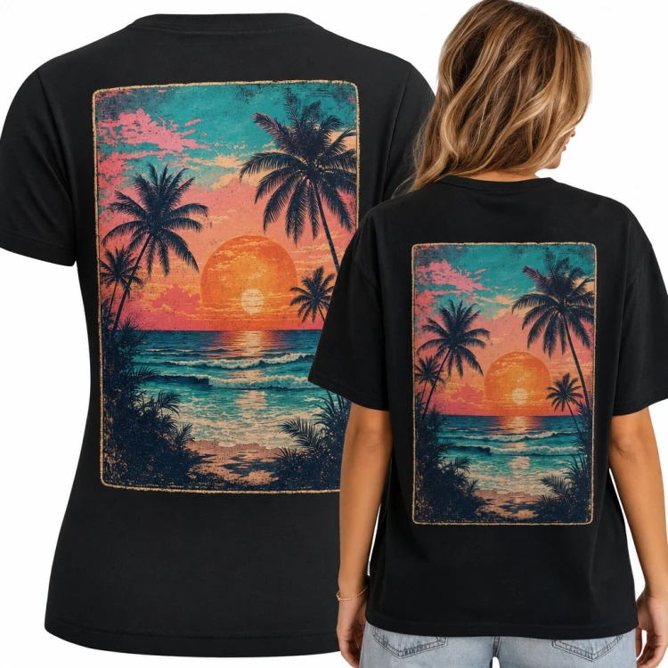 Koszulka damska zachód słońca z palmami nad oceanem w stylu retro - duży nadruk na plecach