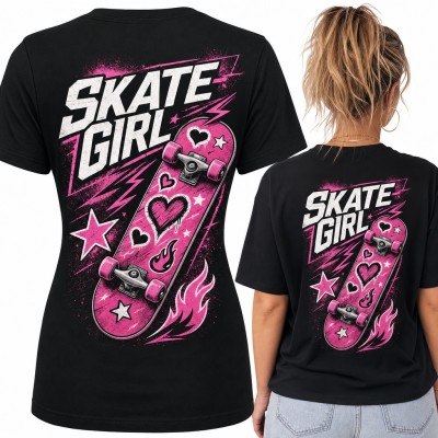 Koszulka damska z różową deskorolką „Skate girl” dla skaterki - duży nadruk na plecach