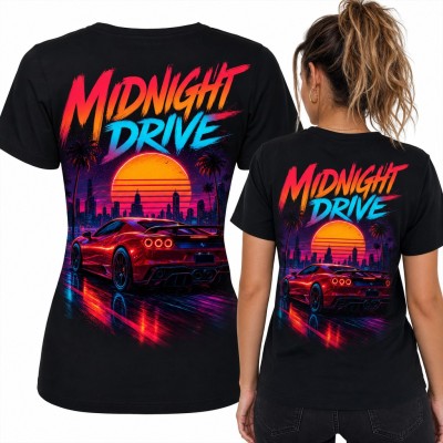 Koszulka damska „Midnight Drive” z czerwonym autem w stylu synthwave - duży nadruk na plecach
