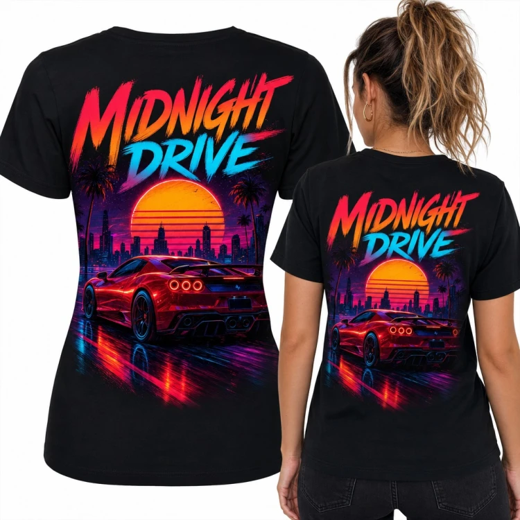 Koszulka damska „Midnight Drive” z czerwonym autem w stylu synthwave - duży nadruk na plecach