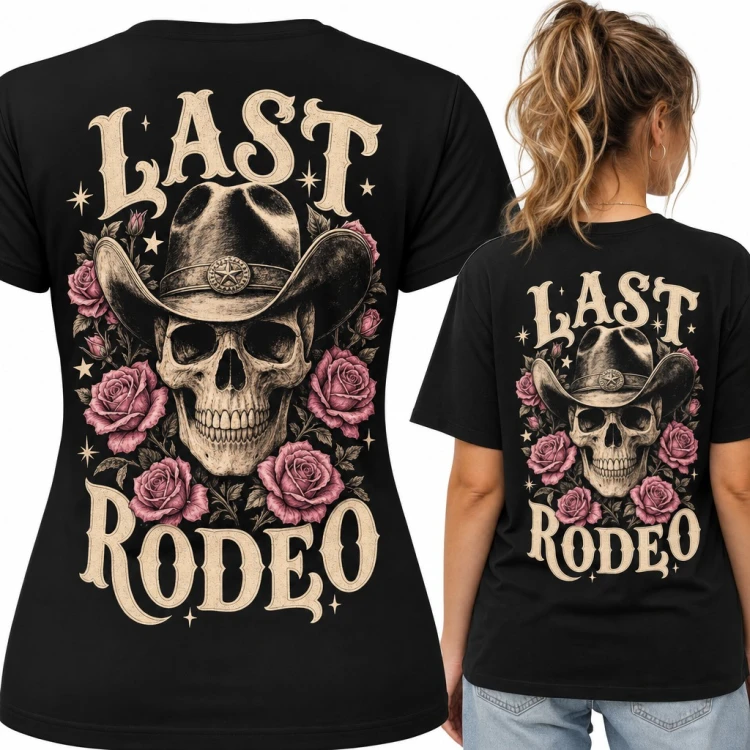 Koszulka damska czaszka kowboja z różami „Last Rodeo” - duży nadruk na plecach