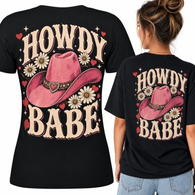 Koszulka damska „Howdy babe” z różowym kowbojskim kapeluszem - duży nadruk na plecach