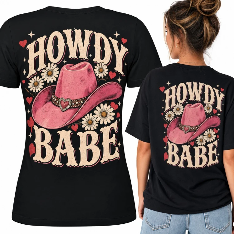 Koszulka damska „Howdy babe” z różowym kowbojskim kapeluszem - duży nadruk na plecach