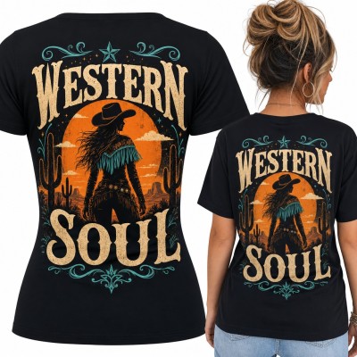 Koszulka damska „Western Soul” z kowbojką i kaktusami - duży nadruk na plecach