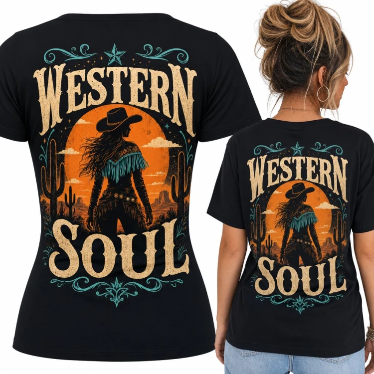 Koszulka damska „Western Soul” z kowbojką i kaktusami - duży nadruk na plecach