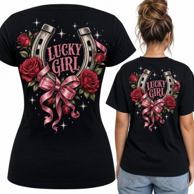 Koszulka damska podkowa z różami i kokardą „Lucky girl” - duży nadruk na plecach