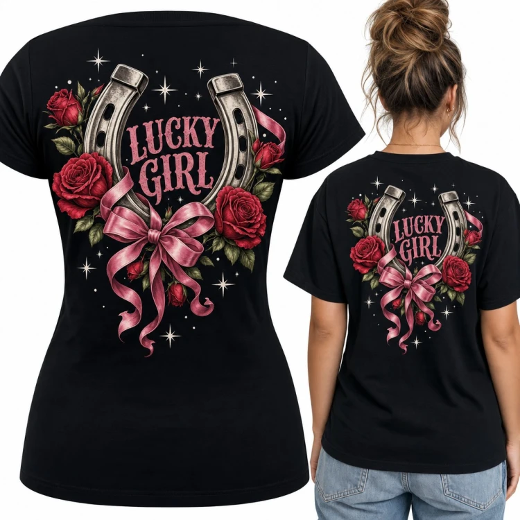 Koszulka damska podkowa z różami i kokardą „Lucky girl” - duży nadruk na plecach
