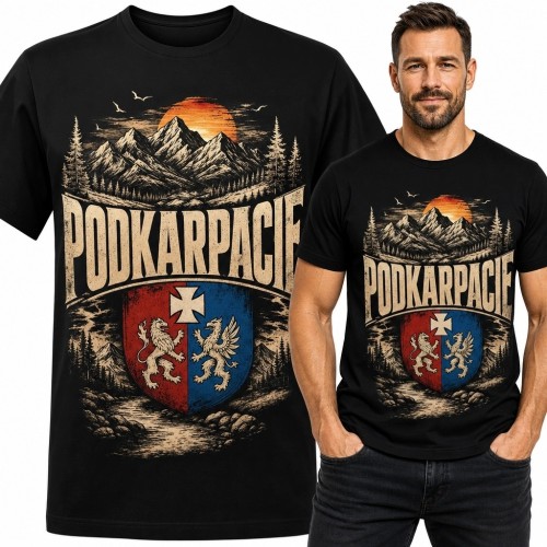 Koszulka męska „Podkarpacie” - góry i stylizowana tarcza