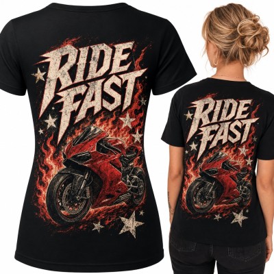 Koszulka damska motocykl ścigacz w płomieniach „Ride fast” dla motocyklistki - duży nadruk na plecach