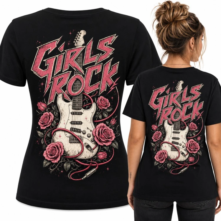 Koszulka damska „Girls Rock” z gitarą elektryczną i różami - duży nadruk na plecach