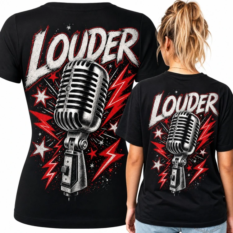 Koszulka damska „Louder” z retro mikrofonem dla wokalistki - duży nadruk na plecach