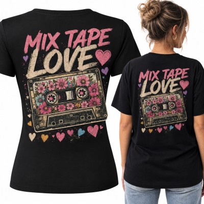 Koszulka damska „Mix Tape Love” - retro kaseta w kwiatach - duży nadruk na plecach