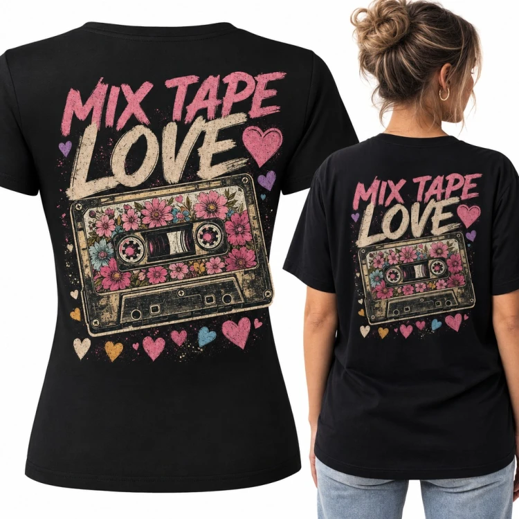 Koszulka damska „Mix Tape Love” - retro kaseta w kwiatach - duży nadruk na plecach