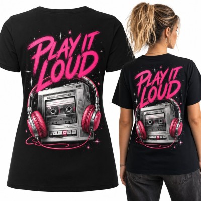 Koszulka damska retro magnetofon ze słuchawkami „Play it loud” - duży nadruk na plecach