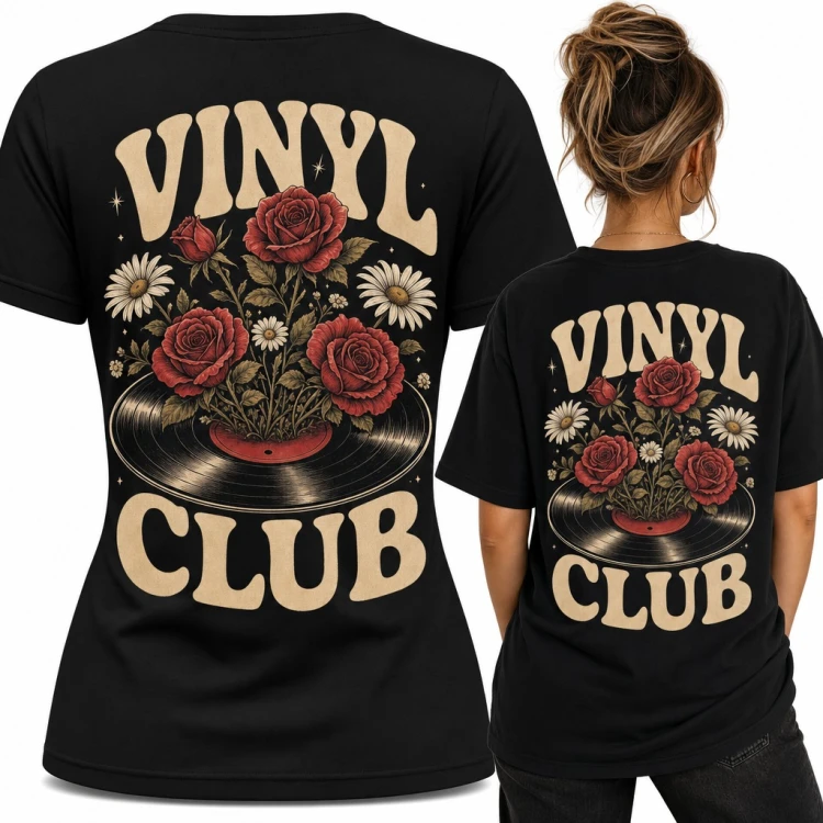 Koszulka damska „Vinyl Club” z płytą winylową i różami - duży nadruk na plecach