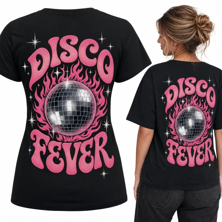 Koszulka damska „Disco Fever” z kulą dyskotekową w płomieniach - duży nadruk na plecach