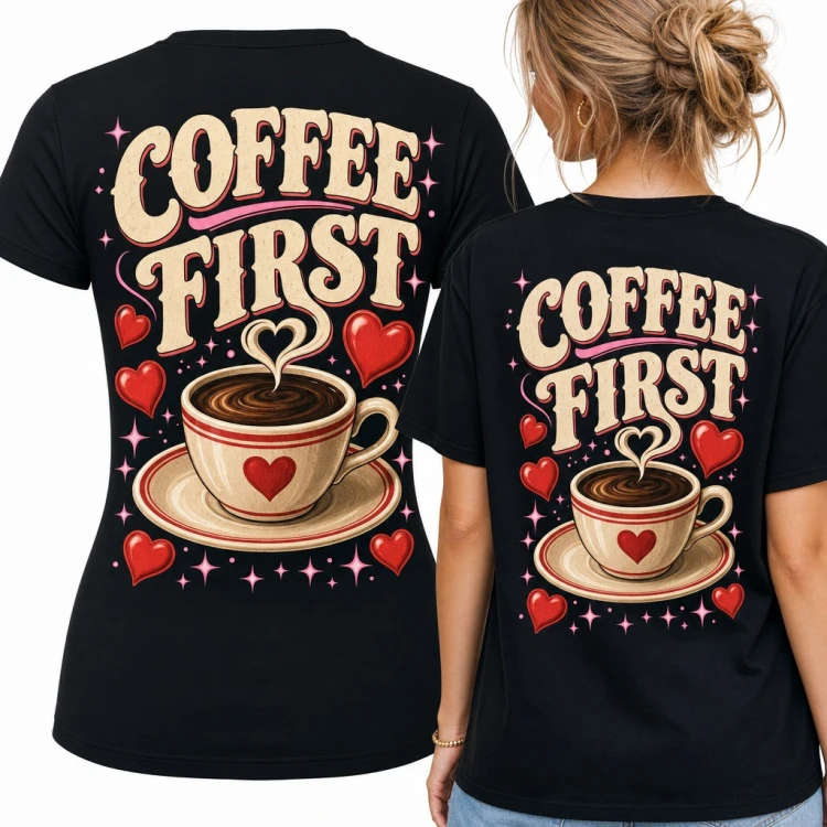 Koszulka damska „Coffee First” z filiżanką i sercami - duży nadruk na plecach