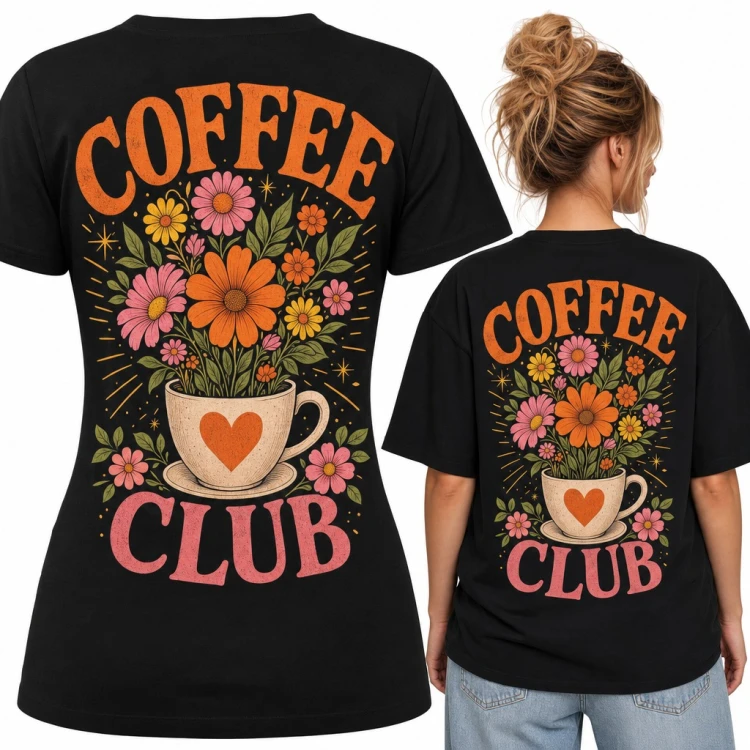 Koszulka damska „Coffee Club” - filiżanka z sercem w kwiatach, duży nadruk na plecach