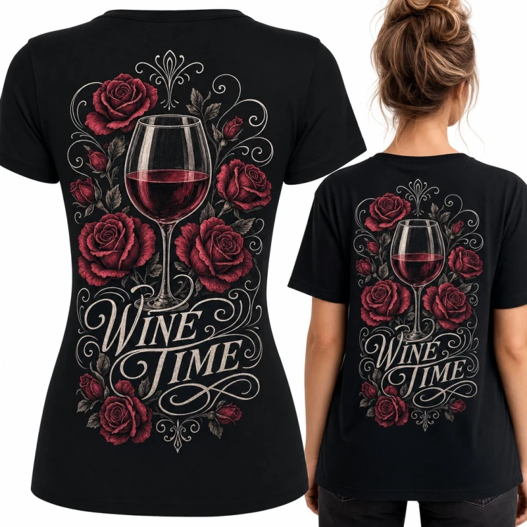 Koszulka damska „Wine time” - kieliszek wina wśród czerwonych róż - duży nadruk na plecach