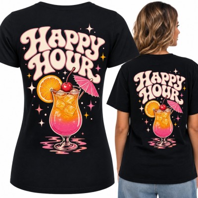Koszulka damska „Happy hour” z tropikalnym koktajlem i parasolką - duży nadruk na plecach