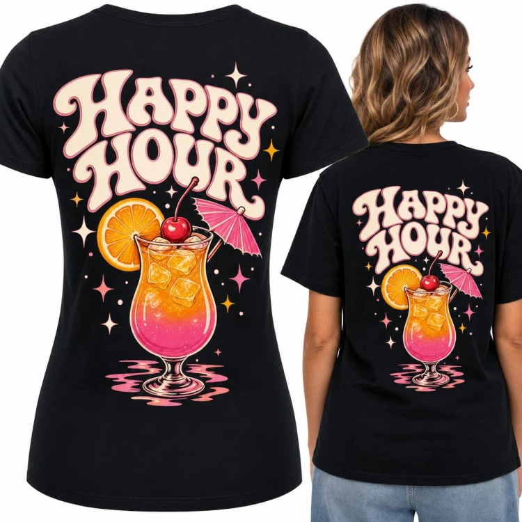 Koszulka damska „Happy hour” z tropikalnym koktajlem i parasolką - duży nadruk na plecach