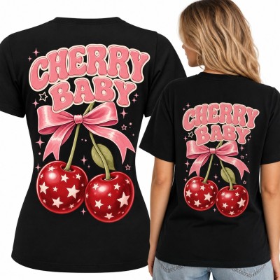 Koszulka damska wisienki w gwiazdki z kokardą „Cherry Baby” - duży nadruk na plecach