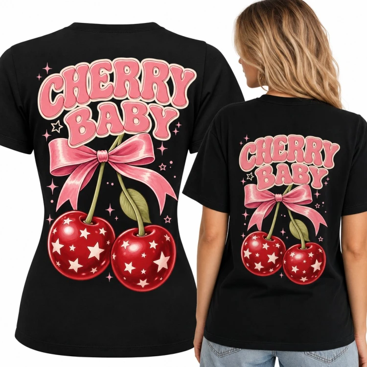 Koszulka damska wisienki w gwiazdki z kokardą „Cherry Baby” - duży nadruk na plecach