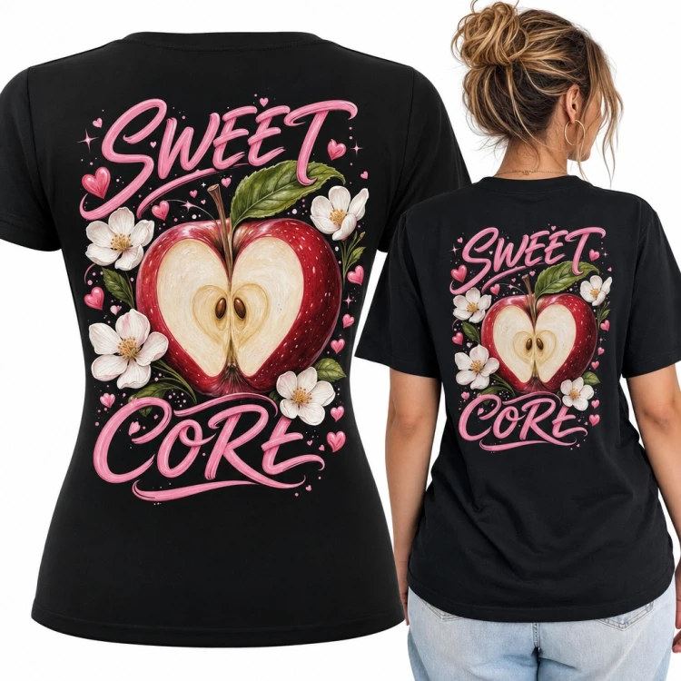 Koszulka damska „Sweet core” z jabłkiem w kształcie serca - duży nadruk na plecach