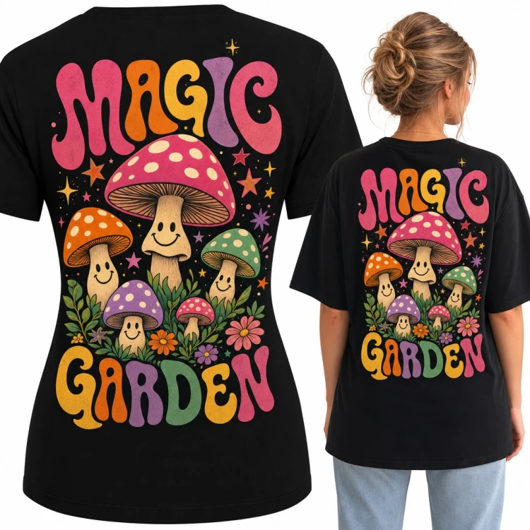 Koszulka damska grzybki w kropki „Magic Garden” w stylu groovy - duży nadruk na plecach