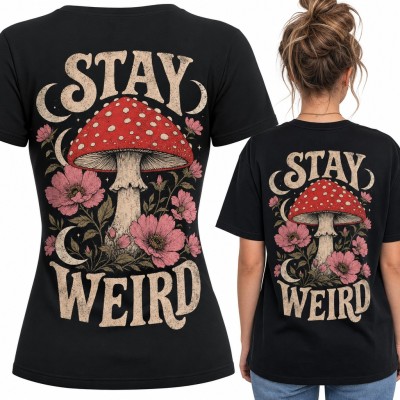 Koszulka damska „Stay weird” z muchomorem i kwiatami - duży nadruk na plecach