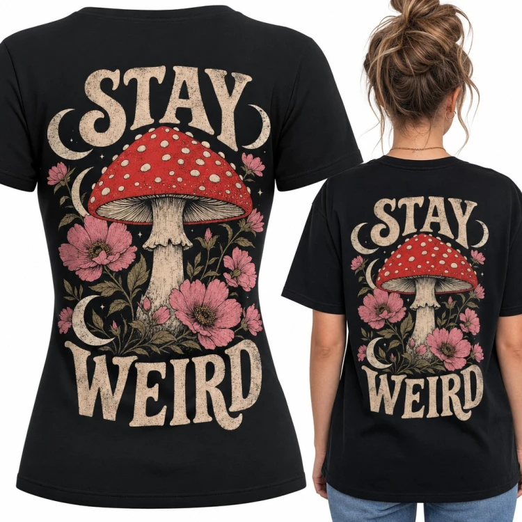Koszulka damska „Stay weird” z muchomorem i kwiatami - duży nadruk na plecach