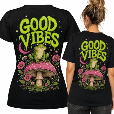 Koszulka damska żaba na muchomorze „Good vibes” - duży nadruk na plecach