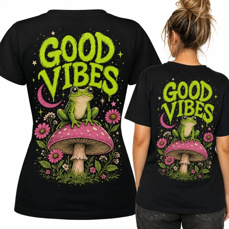 Koszulka damska żaba na muchomorze „Good vibes” - duży nadruk na plecach