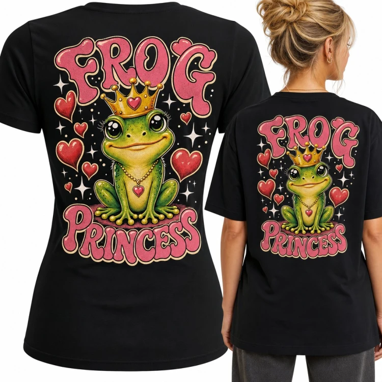 Koszulka damska „Frog Princess” - żabka w złotej koronie i serca - duży nadruk na plecach