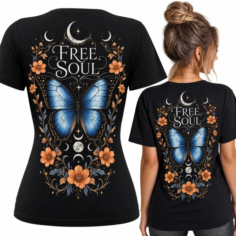 Koszulka damska „Free Soul” z niebieskim motylem i fazami księżyca - duży nadruk na plecach
