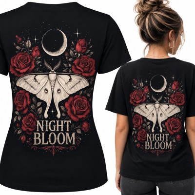 Koszulka damska ćma księżycowa i czerwone róże „Night Bloom” - duży nadruk na plecach