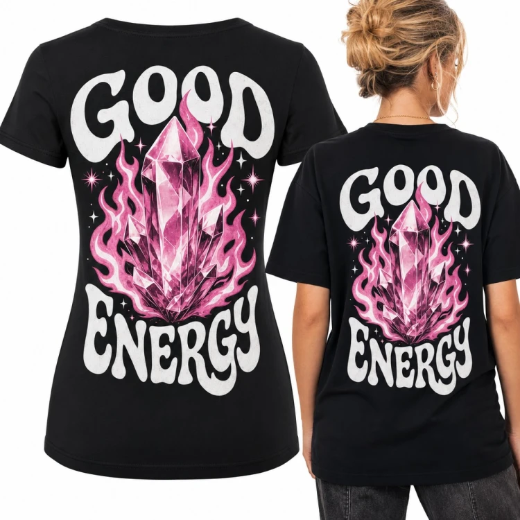 Koszulka damska „Good Energy” - różowy kryształ w płomieniach - duży nadruk na plecach