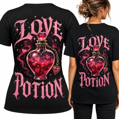 Koszulka damska „Love Potion” - eliksir miłości we flakonie serca - duży nadruk na plecach