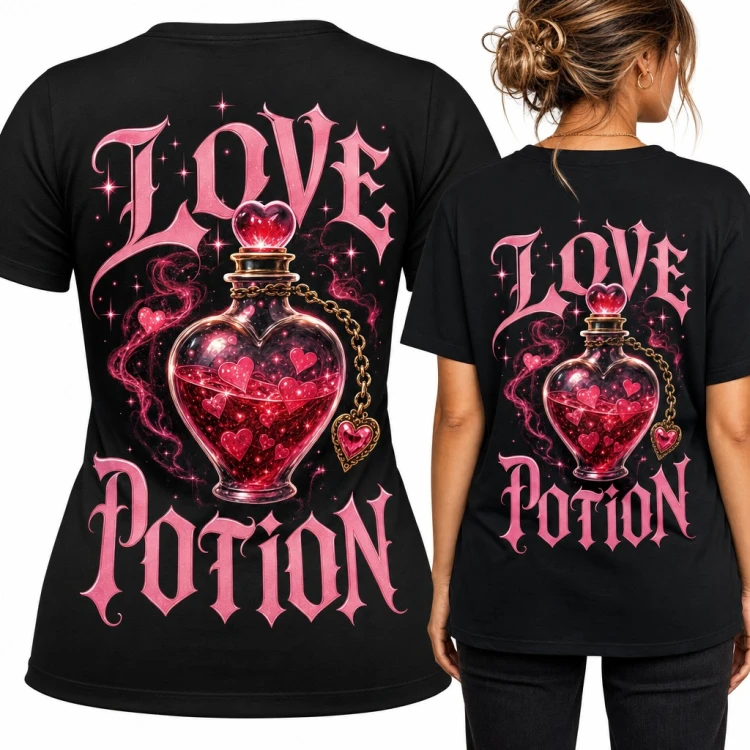 Koszulka damska „Love Potion” - eliksir miłości we flakonie serca - duży nadruk na plecach