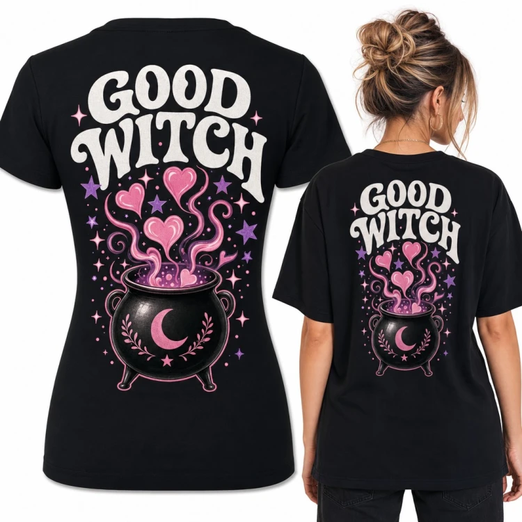 Koszulka damska „Good Witch” z kociołkiem i różowymi sercami - duży nadruk na plecach