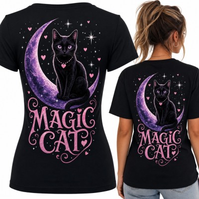 Koszulka damska czarny kot na księżycu „Magic Cat” - duży nadruk na plecach
