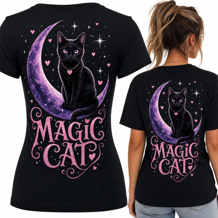 Koszulka damska czarny kot na księżycu „Magic Cat” - duży nadruk na plecach