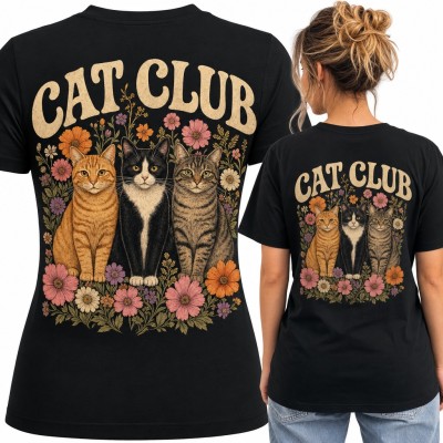 Koszulka damska „Cat Club” - trzy koty wśród kwiatów, duży nadruk na plecach