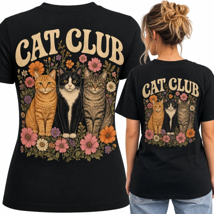 Koszulka damska „Cat Club” - trzy koty wśród kwiatów, duży nadruk na plecach