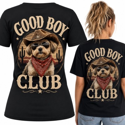 Koszulka damska „Good Boy Club” - pies kowboj w okularach - duży nadruk na plecach