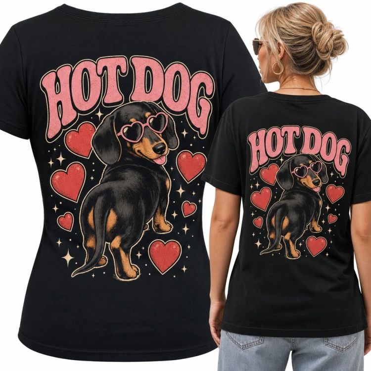Koszulka damska jamnik w sercowych okularach „Hot Dog” - duży nadruk na plecach